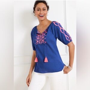 Women Talbots Crinkle Gauze Embroidered Split Neck Top‎ Shirt